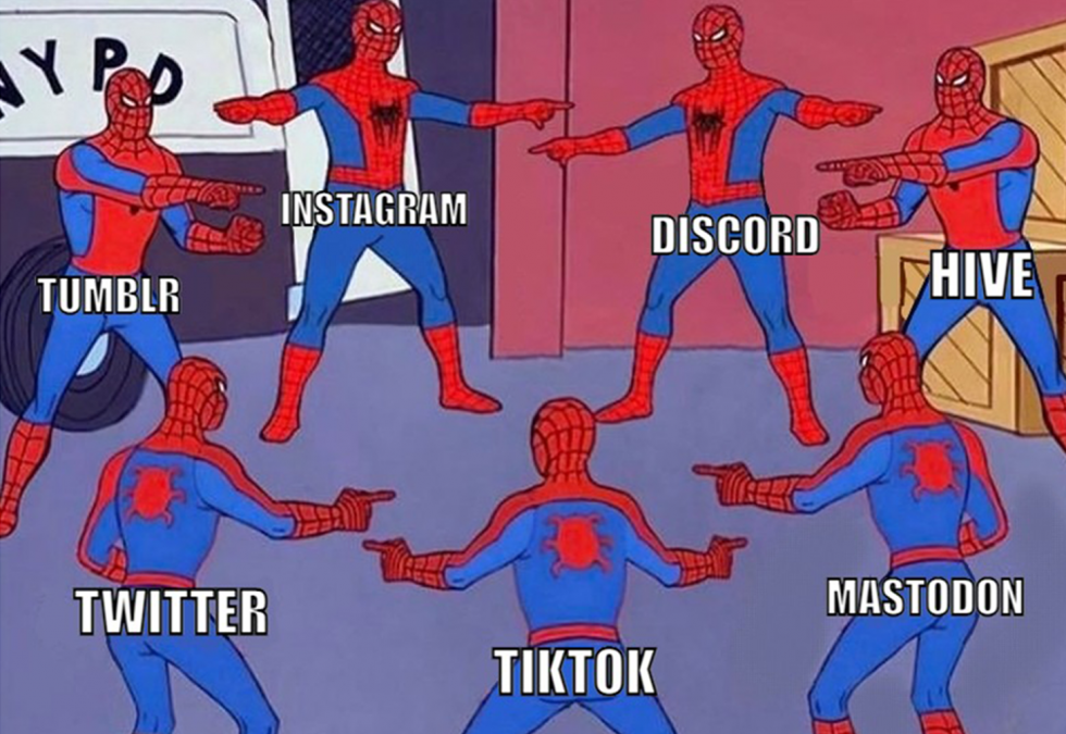 Multiple Spiderman pointing at each other labelled with social media platforms.